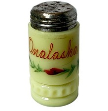 ONALASKA WI WISCONSIN Uranium Custard Souvenir ANTIQUE Glass TRINKET SHAKER picture