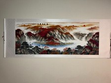 Vintage Chinese Scroll Painting - Autumn Mountain Waterfall with Red Leaves picture