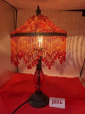 Vintage Beaded Lamp Red & Gold Hanging beads Warm Glow Moroccan 8”x 18” T picture