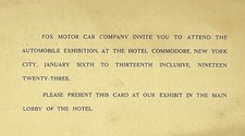 Ultra-Rare 1923 Fox Motor Car Co. Exhibition Invitation – Hotel Commodore NYC  picture