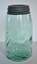 Vtg 1910~1923 BALL MASON GREEN~BLUE QUART CANNING JAR w/ BIG BUBBLES ~ MOLD E #1 picture