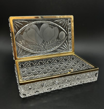 VTG French Diamond Cut Crystal Dresser Casket Jewelry Box w/ Brass ~ Fruit Motif picture