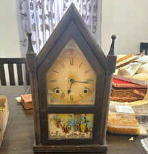Wood House-Shaped Mantel Clock Brown Mechanical Wind Up Pendulum Roman Numerals picture