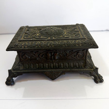 Antique Solid Brass Stamp Box Heavy 2.2lb Art Nouveau Footed Desk Postal Casket picture