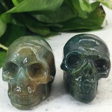 2pc Natural Aquatic agate Quartz hand Carved skull crystal Reiki healing 2'' picture