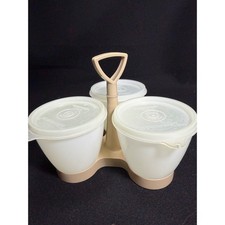 Vintage Tupperware Condiment Caddy Set 3 Bowls Lids Handle Almond Sheer 732 733 picture