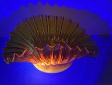 Vintage Blenko #5428 Crimped ArtGlass Bowl MCM Yellow Amber Wayne Husted UV Glow picture