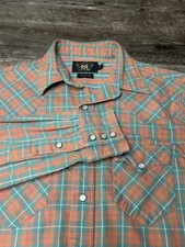 RRL Ralph Lauren Men’s Western Shirt Teal Orange Plaid Pearl Snap Cotton Size S picture