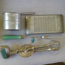 4 VINTAGE KITCHEN TOOLS - 2 GREEN HANDLES - BEATER, MEAT FORK, GRATER, SIFTER picture
