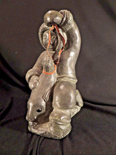 Vtg Huge Canadian WOLF Soapstone Inuit Hunter Hugging Seal Leather Strap Signed picture