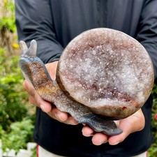 1.5LB Hand Carved Agate Amethyst Druzy Snail Crystal Animal Statue Healin picture