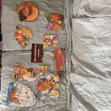 9 Vtg  Thanksgiving Die Cut Decorations Amscan Cardboard Turkey Pilgrims picture