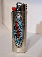 VINTAGE Nickel Silver Turquoise Coral LIGHTNING BOLT  Lighter Case Cover Native picture