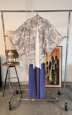 Vintage Japanese Silk Kimono Grey Blue Traditional Motif Showa Era picture