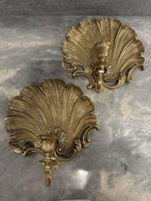 LARGE Rare Set Vintage Brass Scallop Shell Wall Candle Sconces Regency Baroque picture