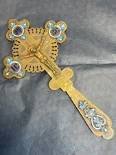 19c. Antique Russian Priest Brass Enamel Blessing Altar Cross Crucifix Reliquary picture
