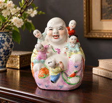 Vintage Chinese Jingdezhen Porcelain Maitreya Buddha 5 Children statue 6.5” PRC picture