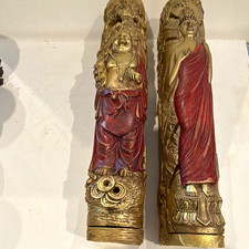 Lot of 2 Buddhist Standing Monk Statues, Gold Tone Figures with Red Robes picture