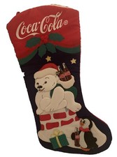 VTG 3D Appliqué Fabric Polar Bear Xmas Stocking Coke Bottles Presents Penguin picture