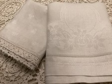 PR 2 Damask Leaf Clover Floral White Linen Vintage Hand Towels Show Hemstitch picture