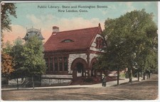 New London CT postcard - Public Library - State and Huntington Street - PM 1912 picture