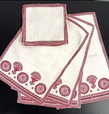 Vintage Linen Embroidered Set of 4 Placemats & 6 Napkins Light Gray and Red picture