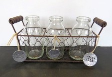 Vintage Style Wire Milk Bottle Caddy:  4 Small Clear Glass Farmhouse Bottles picture