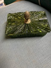 VTG Indiana Glass Avocado Green Pressed Glass Cigarette Box Acorn Finial picture