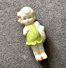 Vintage Japan 1950s penny doll Hand Painted bisque Girl Figurine Holding Baby  picture