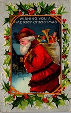 Embossed Santa Sack Toys Reindeer Holly Christmas Postcard Undivided Back picture