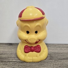 Vintage 1950's Celluloid Kitsch Pig Cookie Jar, Yellow w/ Red Hat And Tie Lid picture