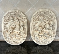Set 2 Vtg Cherub Putti Wall Plaques Oval Relief Resin Ivory Woodland Angel Art picture