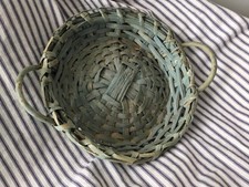 Vtg WORN 10 x 2.5 WOVEN SPLINT BASKET Blue Green  FARMHOUSE Primitive Weathered picture
