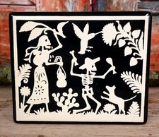 Day of the Dead Handmade Lacquer Box Skeletons Dog Birds Olinalá Mexico Folk Art picture