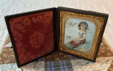 Antique Victorian Trade Card Ephemera Framed, Full Union Case, Young Girl, Birds picture