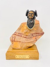 Native American HOPI MAIDEN Bronze Stone Sculpture Bust 11” ~M. Greenfield picture