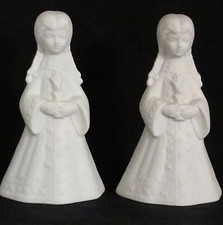 Two Vtg Bells Choir Girls Holding Flowers Bisque Porcelain Figurines AES Japan picture
