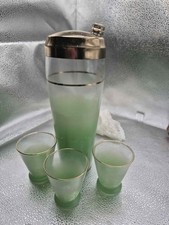 Retro MCM Barware - Green Frosted Glass Cocktail Shaker & Glasses Vintage BLENDO picture