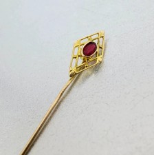 Antique 18K Yellow Gold Over Filigree Ruby Red Gem Paste Stick Pin Lapel Pin 1PC picture