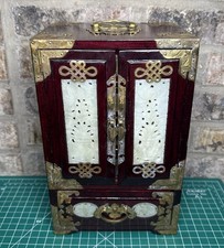 Vintage Chinese Jewelry Box Jade Inlay & Brass Accents 5 Drawers RED Silk Lining picture