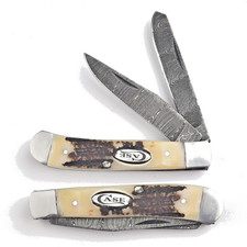 Trapper Pocket Knife – STAG ANTLER Handle –Dual Blade–Damascus Steel Folding-USA picture