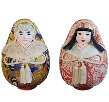 Handcrafted Silk Brocade Daruma Vintage Japanese Folk Art Dolls Ningyo Pair picture