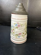 Antique German Milk Glass Lithophane Beer Stein, Floral Decor picture