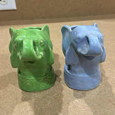 Pair Vintage Niloak Pottery Elephant Planters Blue & Green Trunk Up 1940s Circus picture