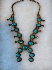 VINTAGE STERLING SILVER TURQUOISE NAVAJO SQUASH BLOSSOM NECKLACE UNSIGNED picture