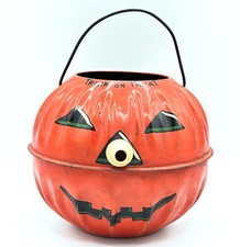 Vintage 1950s Halloween Jack O Lantern Pumpkin MFG CO US Metal Toy Litho picture