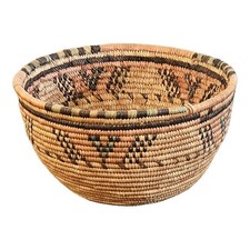 Vintage Native American Style Handwoven Coiled Basket With Geometric Design. picture