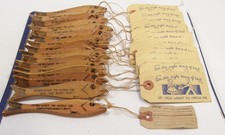 VINTAGE 1930'S NOVELTY WOODEN MESSAGE FISH GIFT TAGS XMAS ORNAMENTS VALENTINES picture