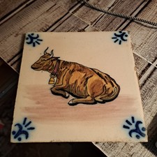Vintage Hand-Painted Portuguese Ceramic Tile Cow with Bell Architectural Salvage picture