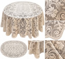 Vintage Ivory Lace Tablecloth Floral Filet Crochet Scalloped Oval Cottage Decor picture